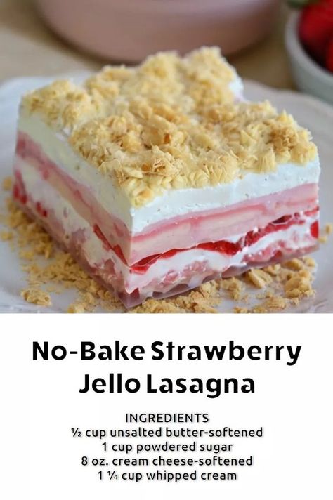 No-Bake Strawberry Jello Lasagna – Page 2 – 99easyrecipes Strawberry Jello Lasagna, Jello Lasagna, Jello Cream Cheese, Strawberry Jello Dessert, Oreo White Chocolate, Whipped Cream Strawberry, Strawberry Jello Pie, Jello Pie, Strawberry Sheet Cakes