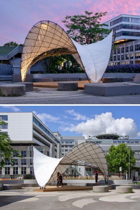 Material Combination Design, Tensile Pavilion, Organic Pavilion, Modern Pavilion Design, Gridshell Architecture, Pavilion Design Ideas, Sustainable Pavilion Design, Tensile Structure Architecture, Curved Structure Architecture