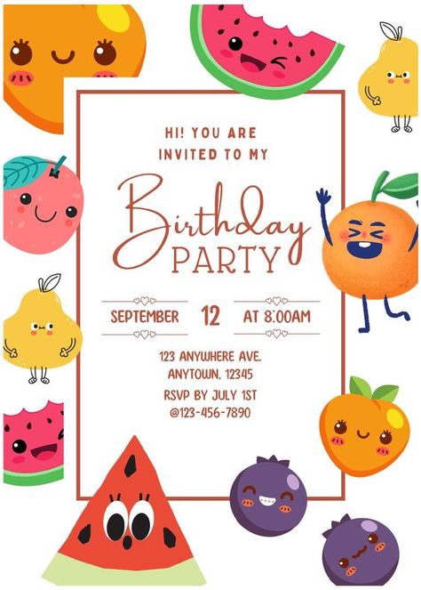 Get (Free Editable PDF) Delightful Summer Frutti Birthday Invitation Templates           Fruit-up your party with our fun and extensive collection of bright, fresh and adorable party invitation. Perfect for a birthday party and baby s... Fruit Party Invitation, Fruit Invitation Template, Fruit Birthday Theme Ideas, Fruit Birthday Party Ideas, Fruits Birthday Theme, Fruit Birthday Party Theme, Fruit Themed Birthday Party, Fruit Invitation, Ski Birthday