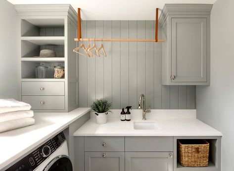 Laundry Room With Gold Hardware, Sarah Richardson Laundry Room, Laundry Room Shoot Ideas, Semihandmade Laundry Room, Vertical Shiplap Laundry Room, Laundry Room Corner, Beige Laundry Room, Laundry Room With Desk, Timeless Laundry Room