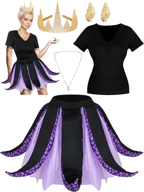 Amazon.com: Ramede 5 Pcs Women's Halloween Sea Costume Purple Octopus Cosplay Costume Black Purple Tentacle Skirt Gold Necklace (Medium) : Clothing, Shoes & Jewelry Sea Witch Costume, Octopus Costume, Sea Costume, Ursula Costume, Small Gold Necklace, Purple Octopus, Witch Halloween Costume, Kids Dress Up, Purple Skirt