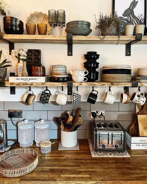 I realised I haven’t shared a full shot of the open shelves so here they were in all their glory! Hard to get them all in though due to our… | Instagram Narrow Kitchen, Kitchen Open, Home Coffee Bar, Cottage Kitchens, Negroni, Open Shelves, Hard To Get, Kitchen Shelves, Rustic Kitchen