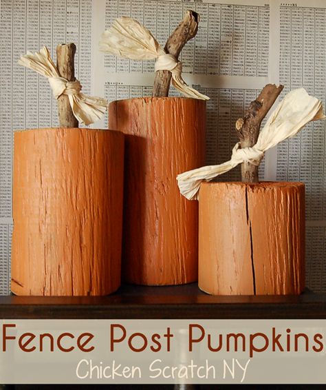 Fence Post Pumpkins- Turn an old round fence post into a trio of adorable #pumpkins with 2 personalities.  Carved faces on one side are all set for #Halloween and the blank side will carry your from September 1st to #Thanksgiving. Pumpkin Decorating Diy, Pumpkins Diy, Adornos Halloween, Wooden Pumpkins, Fall Deco, Chicken Scratch, Diy Pumpkin, Fall Projects, Fence Post