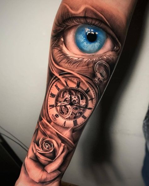 Unterarm Tattoo 3D Auge Rose Uhr Color Sleeve Tattoos For Men, Eye Tattoo Meaning, Clock And Rose Tattoo, Realistic Eye Tattoo, Stammestattoo Designs, Simple Arm Tattoos, Realistic Tattoo Sleeve, Clock Tattoo Design, Forearm Sleeve Tattoos