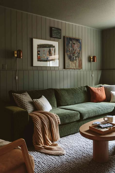 Dark Green Couches, Green Couches, Moody Cottage, Green Couch Living Room, Idea Paint, Dark Green Walls, Article Furniture, 70s House, Cozy Basement