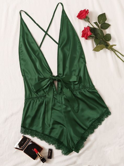 Lace Trim Knot Front Satin Teddy Bodysuit Satin Teddy, Satin Romper, Rompers Online, Teddy Bodysuit, Tokio Hotel, Shein Style, Pop Fashion, Waist Size, Criss Cross