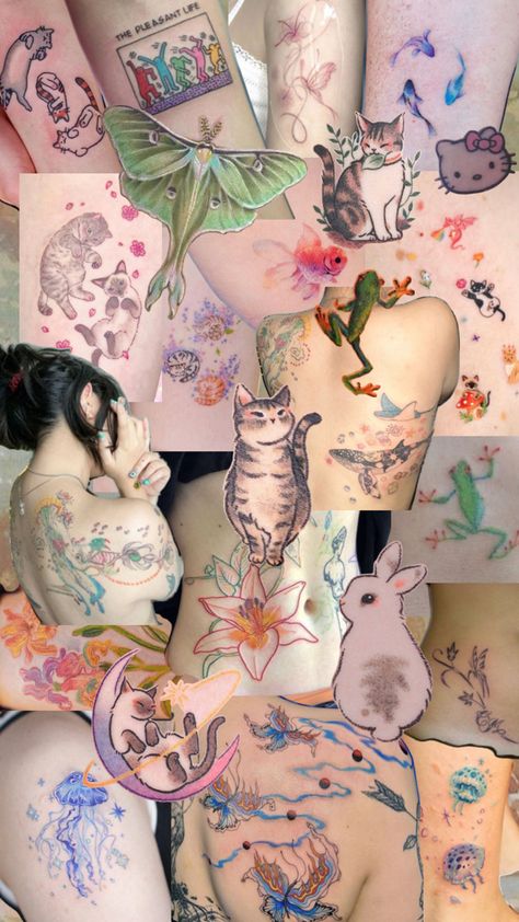 Colorful Back Tattoos For Women, Colorful Back Tattoo, Maximalist Tattoo, Vietnamese Tattoo Ideas, Colorful Tattoos For Women, Bright Colorful Tattoos, Colourful Tattoo, Colored Tattoos, Pastel Tattoo