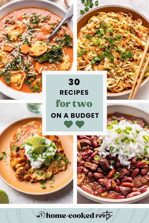 If you're shopping on a tight budget, you'll love these recipes for two on a budget! Plus, I'll teach you how to halve a recipe, avoid food waste, and meal plan with cheap pantry staples to save as much money as possible. Example meal plans for two included! Meal Budget For Two, Cheap And Easy Meals For One, Easy Dinner For Two Cheap, Low Budget Meal Plan, Small Family Meals Dinners, 2 Week Meal Plan On A Budget For Two, Dinner For Two On A Budget, Budget Recipes For Two, Clean Eating On A Budget Meal Plan