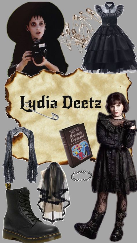 Lydia Beetlejuice Costume, Beetlejuice Outfits, Lydia Deetz Costume, Lydia Beetlejuice, Beetlejuice Costume, Marvel Tattoos, Lydia Deetz, Duo Halloween Costumes, Couples Halloween Outfits