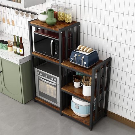 Kitchen Storage Carts, Kitchen Storage Standing Shelves, Kitchen Microwave Cabinet Free Standing, Microwave Stand With Storage, Microwave Rack Ideas Small Spaces, Small Kitchen Storage Shelves, Microwave Cart Ideas Kitchen Storage, Free Standing Kitchen Ideas, Kitchen Stands Ideas