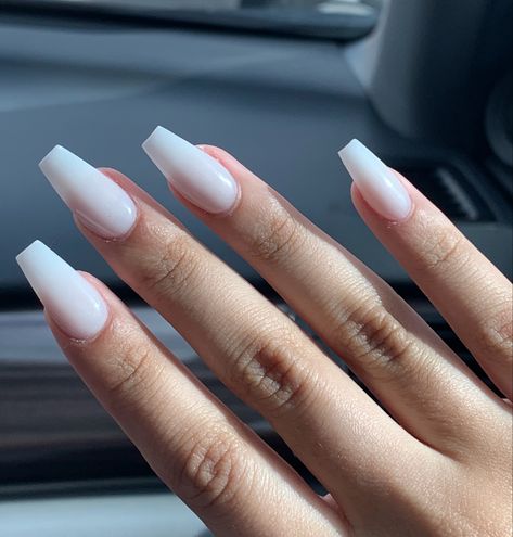 White Milky Nails Coffin, Nail Inspo Acrylic Coffin Long White, White Dip Powder Nails Coffin, Milky White Acrylic Nails Coffin, Dip Powder Milky White, Ballerina Milky White Nails, Coffin Shaped White Nails, White Gel Nails Coffin, Foggy White Acrylic Nails