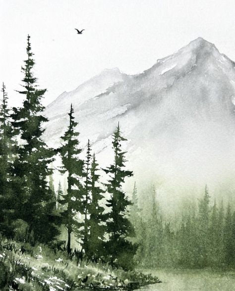 Montana Painting Ideas, Watercolor Inspo Landscape, Watercolor Landscape Paintings Mountains, Mountain Scene Watercolor, Alaska Watercolor Painting, Mountain Trees Painting, Watercolor Mountain Painting, Winter Mountains Painting, Advanced Watercolor Paintings