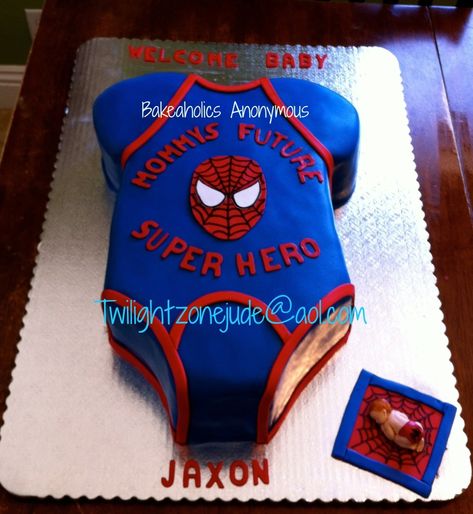 Spiderman Onsie Cake Spiderman onsie cake, everything is handmade baby and spiderman mask are made of gumpaste Marvel Baby Shower, Cake Spiderman, Superhero Baby Shower, Spiderman Mask, Baby Spiderman, Baby Superhero, Spiderman Theme, Spiderman Cake, Baby Themes