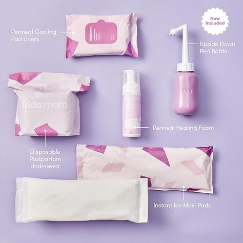 KIT INCLUDES: 4 disposable underwear, 4 Ice Maxi Pads, 24 Perineal Cooling Pad Liners, 5oz Perineal Healing Foam, and caddy.
BATHROOM ESSENTIALS: Each product delivers pain relief, cooling, or cleansing for after birth, perineal tears, stitches or hemorrhoids.
SIZE & MATERIAL: Latex-free, Microfiber disposable boyshort underwear (waist 28"-42"). Peri Bottle, Frida Mom, Perineal Tear, Maxi Pads, Instant Ice, Maxi Pad, Feminine Wash, Baby Changing Tables, Cooling Pad