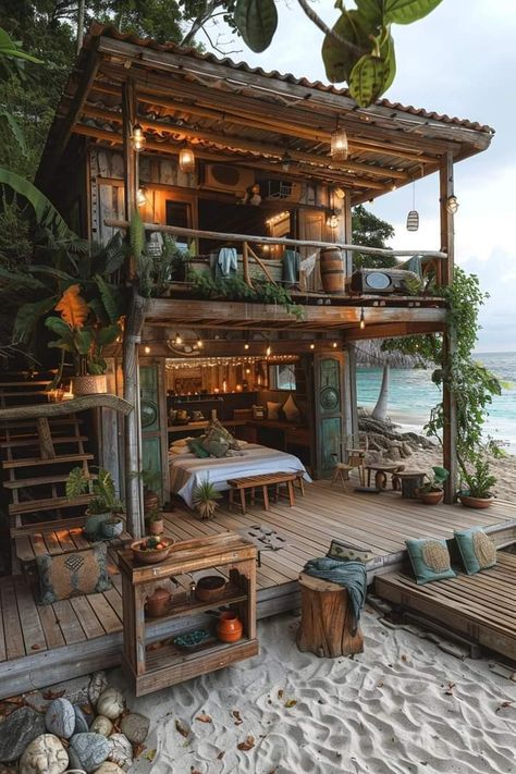 Boho Beach House Exterior, Succulent Landscape Design, Jungle House, Log Cabins, Island Home, Tiny House Design, Beach Cottages, House Inspo, Dream Home Design