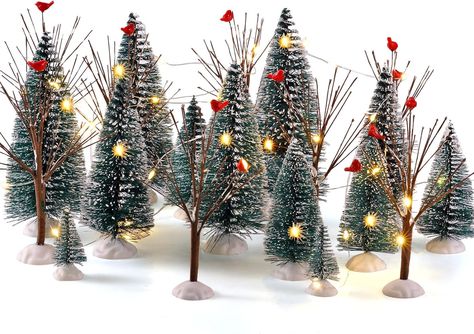 Christmas Village Accessories Tree Set: there are 8 pieces of bare branch trees in 2 different sizes, 30 pieces of pine trees in 5 different sizes and 1 roll of 3 meter 30 lamp LED light string, which is a practical and abundant set that can satisfy your various needs when making decorations Realistic and Vivid: these Christmas farmhouse decorations are adorned with artificial snowflakes, and decorated with fake birds on the tree branches, which looks realistic and vivid Christmas Village Trees, Ceramic Christmas Village, Fake Birds, Christmas Village Accessories, Frosted Tree, Christmas Village Houses, Craft Display, Miniature Christmas Trees, Miniature Christmas