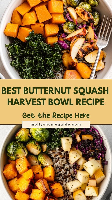 Indulge in the vibrant flavors of fall with our nutritious and delicious Butternut Squash Harvest Bowl. Packed with roasted butternut squash, hearty grains, fresh greens, and a drizzle of savory tahini dressing, this bowl is the perfect balance of comfort and nourishment. Whether you're looking for a wholesome lunch or a satisfying dinner option, this harvest bowl is sure to satisfy your cravings. Butternut Squash Grain Bowl, Butternut Squash Harvest Bowl, Butternut Squash Bowls, Kale And Butternut Squash Recipes, Harvest Bowl Recipe, Harvest Bowl, Kale Slaw, Butternut Squash Recipe, Chicken And Butternut Squash