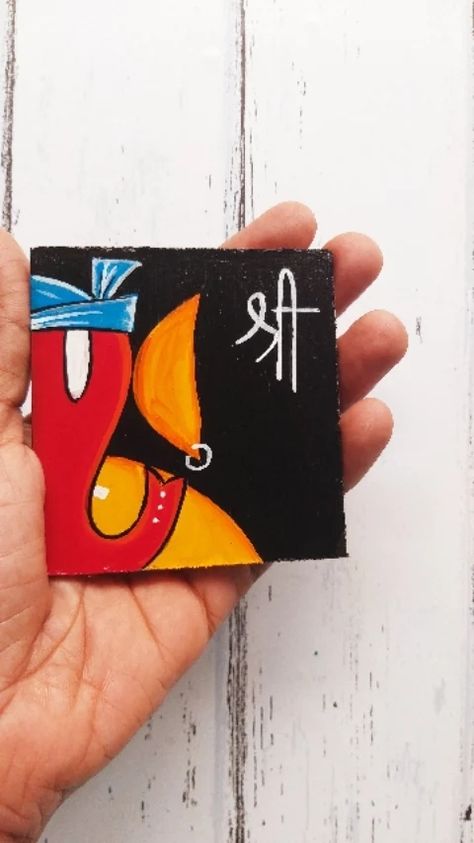 Mini Canvas Art Ganesh, Mini Ganpati Painting, Colourful Easy Painting, Ganesha Fridge Magnet, Small Canvas Ganesha Painting, Ganesh Chaturthi Painting Ideas, Mini Canvas Ganesha Painting, Easy Ganesha Painting For Kids, Canvas Painting Of Ganesha