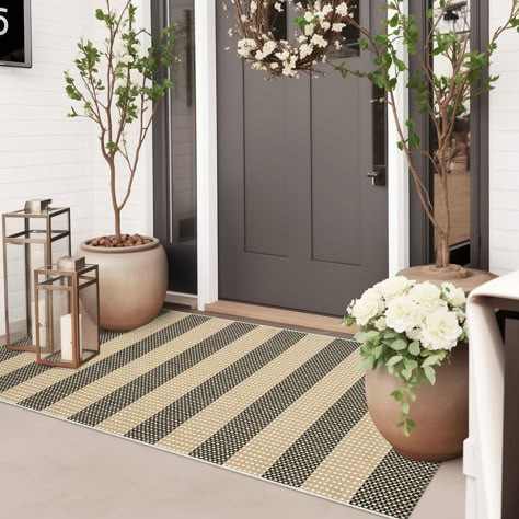 PRICES MAY VARY. [Safe Cotton Material Rug] Our outdoor rug are made of thick and durable cotton fabric. Using environmentally friendly and safe fabric, hand woven, without loose or curled edges, non fading [Perfect Size for Hello Doormat] We have various sizes to choose from. The small washable rug can be perfectly placed on the front door as a welcome mat or used as a double-layer door mat. Easily add atmosphere and color to your porch [Easy to Clean] Just vacuum or shake our porch rug to keep Runners And Door Mats, Indoor Entryway Rug Front Doors, Front Door Rug Size, Layered Door Mats For Fall, Where Do You Put The Doormat On French Doors, Front Door Double Mat, Coastal Grandmother Front Door, Modern Farmhouse Front Porch Door, Front Door Planters And Lanterns