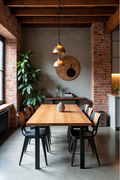 Eclectic dining area featuring exposed brick, concrete, and mixed furniture Contemporary Industrial Dining Room, Modern Loft Dining Room, Modern Urban Dining Room, Industrial Loft Dining Room, Modern Industrial Dining Room Target, Cool Dining Rooms, Contemporary Dining Room Decor, Industrial Contemporary, Urban Interiors