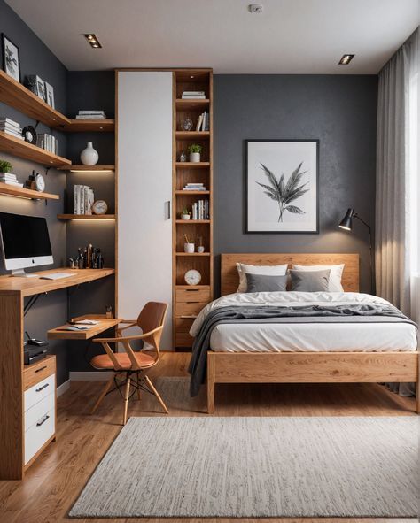 Teenage Minimalist Bedroom, Teenage Modern Bedroom, Neutral Teen Boy Room, Ideas For Teenage Boys Room, Bedroom For Teenagers Boys, Teenager Room Decor Ideas, Cozy Bedroom With Desk, Teen Room Decor For Boys Small Spaces Bedroom Ideas, Teen Study Area