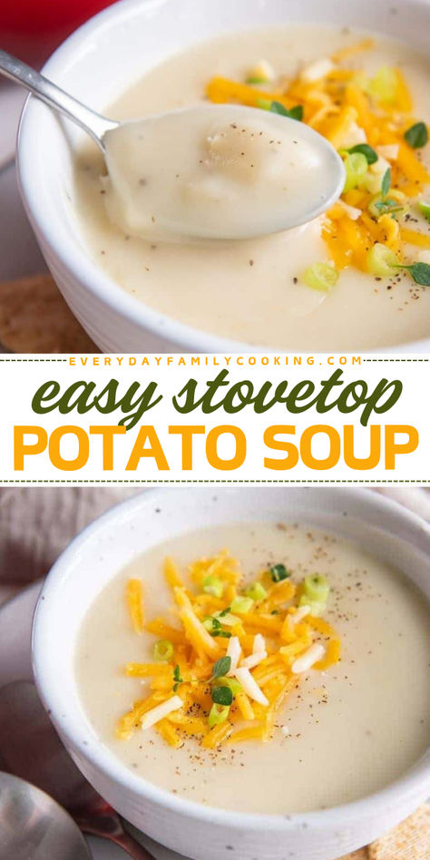 Craving a cozy winter meal? Here's an easy winter recipe for a homemade soup! This yummy comfort food is a hearty dinner recipe you'll want to have on repeat. Using just 4 ingredients, you can have this stovetop potato soup that's so creamy! Homemade Cream Of Potato Soup, Easy Potato Soup With Frozen Diced Potatoes, Frozen Potatoes Soup, Potato Soup Heavy Cream, Easy Stovetop Potato Soup, Easy Potato Soup With Cream Cheese, Easy Potato Soup Recipes Simple, Potato Soup Recipe Stovetop, Easy Potato Soup Stovetop