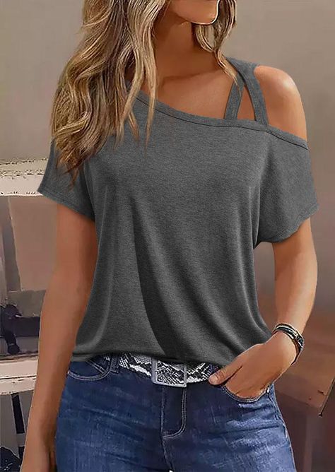 Women Summer Style 2023, Grey Outfits For Women Summer, One Side Off Shoulder Top, Cute Summer Shirts, Cold Shoulder Styles, Cold Shoulder Shirt, Loose Fit Blouse, Grey Style, Grey Blouse