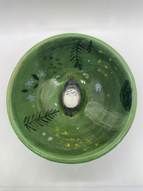 Pottery Painting Landscape, Pottery Painting Small Bowl, Ponyo Bowl Pottery, Ponyo Bowl, Anime Pottery Painting Ideas, Ghibli Pottery Painting, Painting Bowls, Pottery Bowl Painting, Clay Bowl Painting Ideas