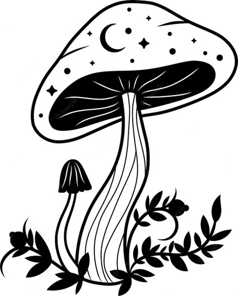 Premium Vector | Mushroom mushroom silhouette mystical mushroom with moon and stars Halloween Henna, Mushroom Silhouette, Mushroom Vector, Animal Stencil Art, Moon Mushroom, Punk Fashion Diy, Tunnel Book, Cricut Svgs, Star Silhouette