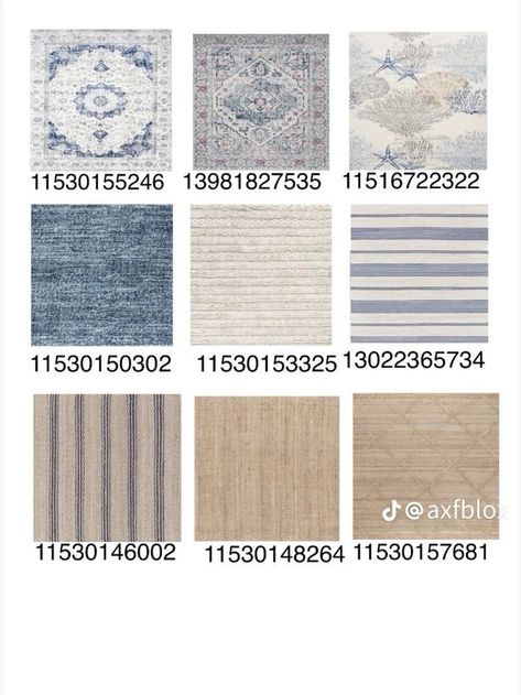 Custom Rugs Bloxburg, Welcome Rug Decals Bloxburg, Bloxburg Carpet Ideas, Cloud Decal Bloxburg, Round Rug Decal Bloxburg, Hamptons House Floor Plan, Costal Bloxburg House Ideas Interior, Rugs Bloxburg Codes, Bloxburg Round Carpet Decal Codes