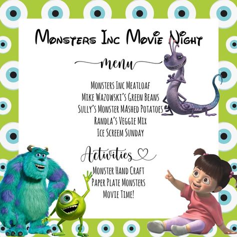 Monsters Inc Movie Night Dinner, Disney Dinner And Movie Night Printables, Disney Dinner Ideas Movie Nights, Monster Inc Dinner And A Movie, Pixar Dinner And Movie Night, Monster Inc Movie Night, Disney Food Movie Night, Dinner Themed Movie Nights, Disney Dinners And Movies