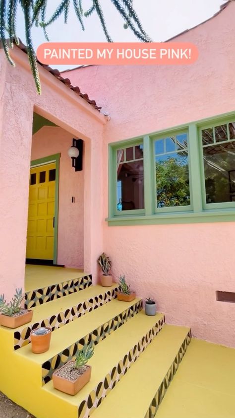 danidazey on Instagram: #ad Making my childhood dream of having a pink house come true 💕 With bold and beautiful hues by @BEHRpaint I used BEHR MARQUEE® Exterior… Pink House Paint Exterior, Pink Mobile Home Exterior, Light Pink Exterior House Paint, Colorful House Exteriors, Pink Stucco House Exterior, Vibrant Exterior House Colors, Pink Stucco House, Pink Spanish House, Colorful Houses Exterior