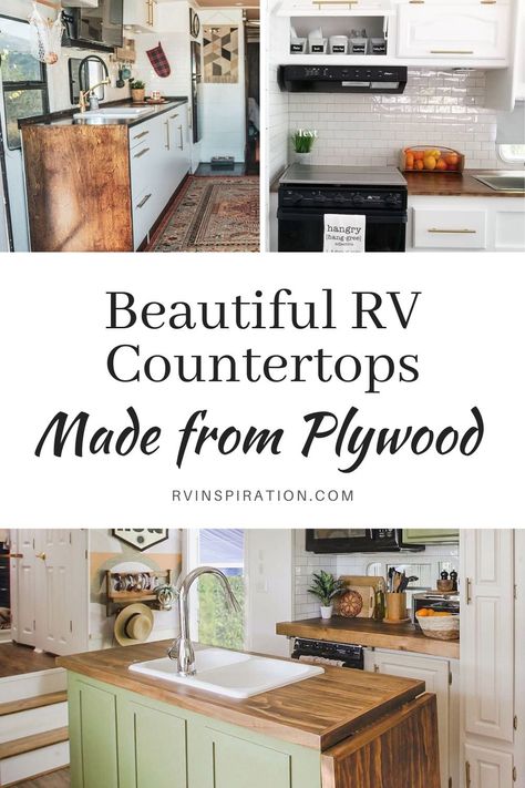 Update your RV kitchen with a beautiful and affordable plywood countertop. #RVrenovation #RVkitchen #RVmakeover #RVcountertop Diy Rv Countertops, Rv Kitchen Island Diy, Rv Countertop Remodel, Rv Countertop Redo, Camper Countertops, Rv Countertop, Diy Countertop Ideas, Remodeling Rv, Rv Flip