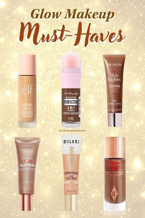 These can be used as a foundation, primer, highlighter, tinted moisturizer, or be mixed with other base products for a glowy finish Glowing Makeup Products, Glowy Foundations, Maquillaje Glowy, Glowy Foundation, Glowy Makeup Look, Sunkissed Makeup, Glow Makeup, Makeup Bag Essentials, Makeup Accesories