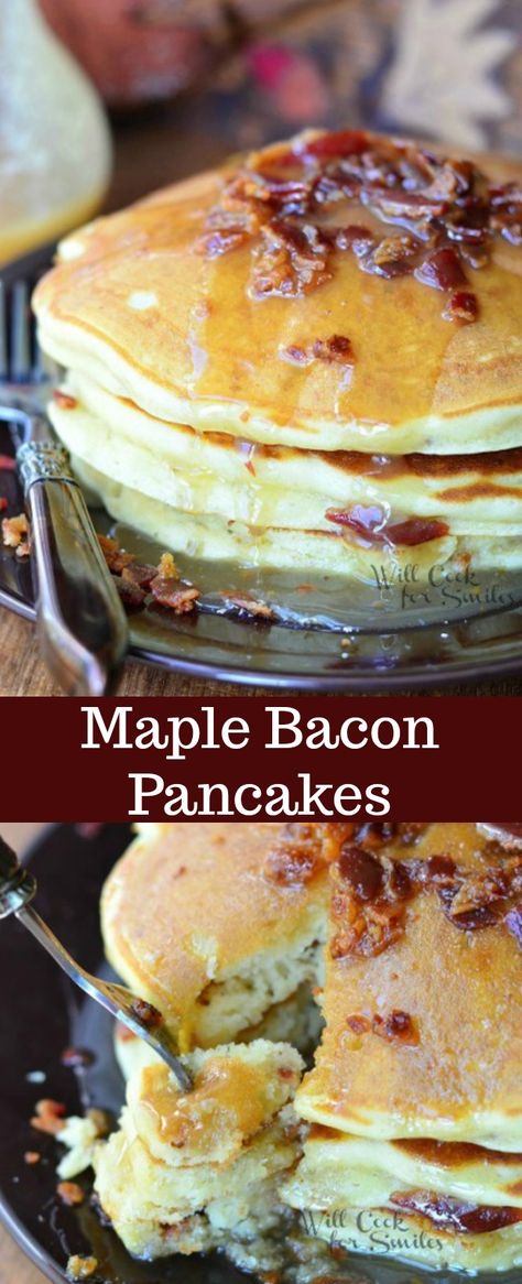 Maple Bacon Pancakes is a perfect breakfast for every bacon lover. Fluffy buttermilk bacon pancakes made with pure maple syrup and crispy bacon inside and out. #pancakes #bacon #baconpancakes #Buttermilkpancakes #maplebacon #syrup #breakfast Maple Bacon Glaze, Pancakes With Syrup Inside, Maple Pancakes Recipe, Bacon Flavors, Maple Bacon Recipes, Maple Syrup Pancakes, Easy Homemade Pancake Recipe, Maple Bacon Pancakes, Dutch Breakfast