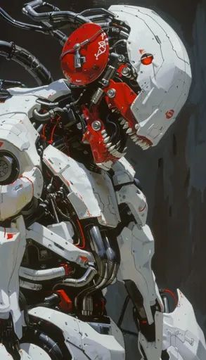 ↑↑↑ Larger size on website 🔸 The image shows a close-up of a futuristic robot's head and torso. The robot is primarily white with 🔸 From Midjourney AI Image Mecha Pilot, Futuristic Robot, Mechanical Parts, Cyberpunk Aesthetic, Sharp Teeth, The Robot, Red Accents, Cyberpunk, Art Images