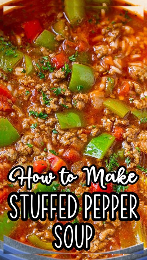 This stuffed pepper soup is a hearty meal loaded with ground beef, onions, rice and bell peppers in a tomato based broth. Amish Stuffed Pepper Soup, Pepper Steak Soup Recipe, Stuffed Pepper Soup Recipe Best, Crockpot Bell Peppers, Stuff Bell Pepper Soup Recipe, Stuff Pepper Soup Recipe Crockpot, Green Pepper Soup Crockpot, Green Pepper Recipes Crockpot, Stuffed Pepper Soup With Italian Sausage