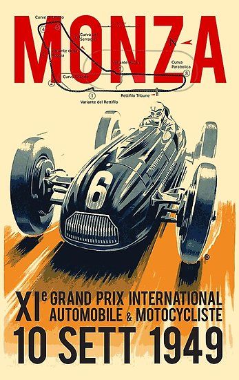 A Fine Art High Definition Vintage (1949) Monza Grand Prix Advertising Poster Print. • Also buy this artwork on wall prints, apparel, stickers, and more. Auto Racing Posters, Vintage Racing Poster, Grand Prix Posters, Auto Poster, F1 Poster, Course Automobile, Racing Art, Racing Posters, Nissan 370z