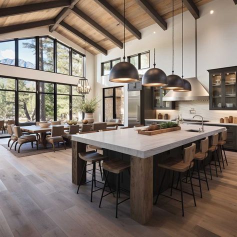 Twist Modern Mountain Home, Modern Barn House, Rustic Modern Kitchen, Cabin Kitchens, Kitchen And Dining Room, Modern Mountain, Modern Cabin, Open Concept Kitchen, Modern Farmhouse Kitchens