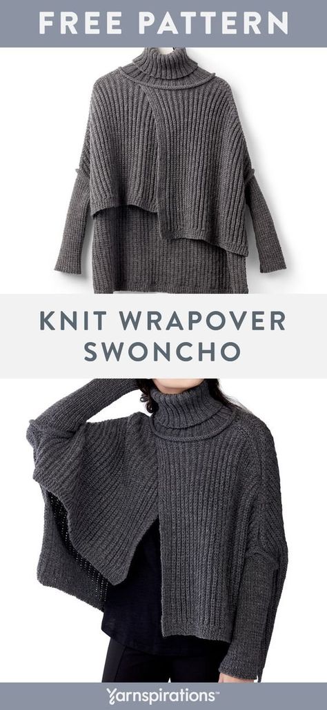 Free knit Wrapover Swoncho pattern using Patons Classic Wool Worsted  yarn. Make this Part sweater, part poncho creation for the chilly months! Work it up with classic ribbed knit stitches and a stunning asymmetrical hemline.  #yarnspirations #freeknitpattern #knitswoncho #knitponcho #ribbedknitstitch #asymmetrcialhemline #knitwrapover #patons #patonsyarn #patonsclassicwool #worstedwool #turtlenecksweater #knitturtlenecksweater Knitted Poncho Patterns Free, Patons Classic Wool, Outlander Costumes, Easter Decorations For Church, Poncho Knitting Patterns, Poncho Pattern, Knitted Poncho, Sweater Knitting Patterns, Easy Knitting