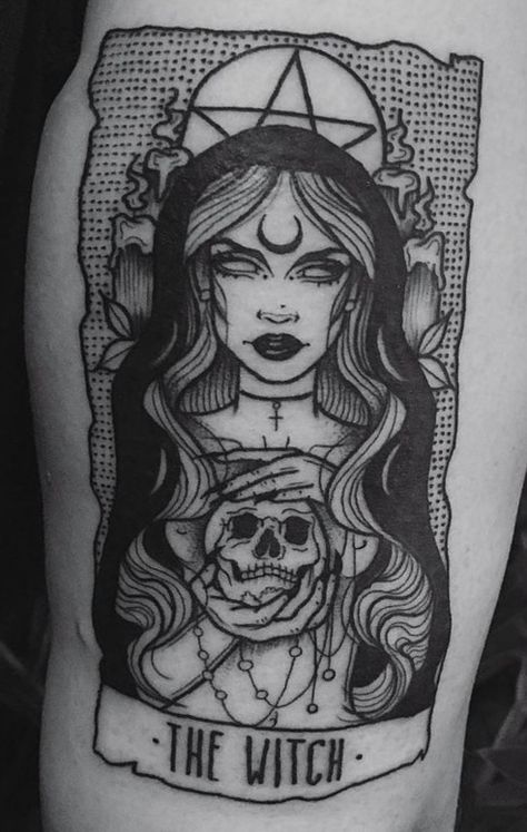 Goddess Witch Tattoo, Dark Devine Feminine Tattoo, Forearm Witchy Tattoo, Witchy Female Tattoos, Tattoo Of A Woman Goddesses, Witch Tattoo Back, Large Witchy Tattoos, Witchy Face Tattoo, Witch Theme Tattoo Sleeve