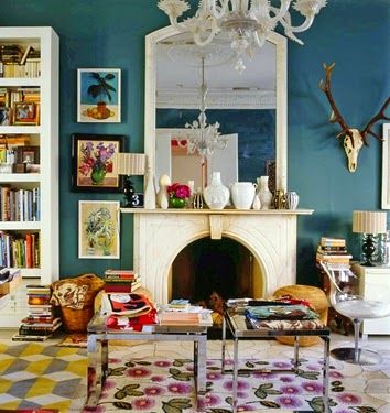 Eye For Design: Creating Preppy Eclectic Style Interiors German Couple, Upper Cabinet, Colorful Eclectic, Paint Collection, Utility Closet, Leftover Paint, Teal Walls, Eclectic Living Room, Traditional Furniture