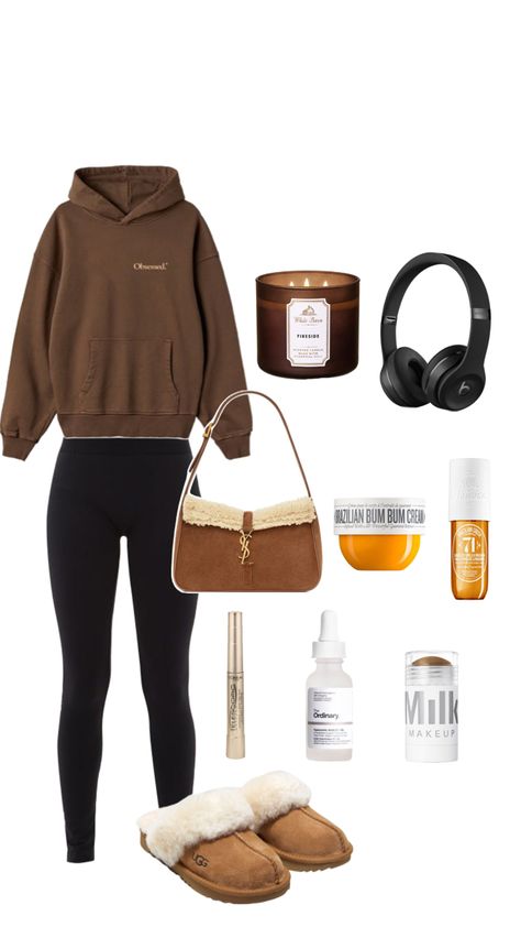 outfit for a lazy day when you’re chilling in the house , winter lazy day outfit , leggings and hoodie outfit , ugg slippers outfit , cozy winter outfit , lounging at home outfit , brown and black outfit #outfitinspo Winter Lazy Day Outfit, Leggings And Hoodie Outfit, Outfits With Ugg Slippers, Brown And Black Outfit, Cozy Outfit Lazy Days, Ugg Slippers Outfit, Outfit Ugg, Cozy Winter Outfit, Outfit With Uggs