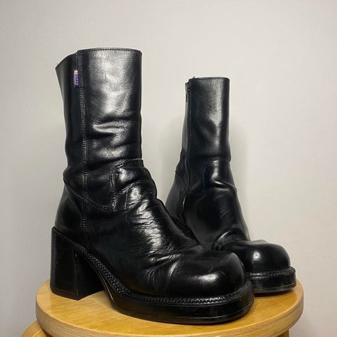 I might be biased but you should probably buy this on Depop 👍 https://depop.app.link/qMyIKXGjXtb Square Toe Platform Boots, 90s Leather Boots, Chonky Black Boots, Vintage Black Boots With Square Toe, Unif Trinity Boot, Unif Platform Boots, Vintage Black Leather Platform Boots, Square Boots, Alt Shoes