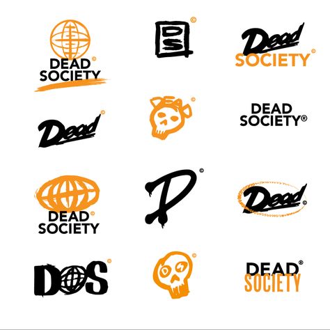 Orange and black streetwear logos in a rough grungy aesthetic Grunge Logos Aesthetic, Grunge Logo Design Inspiration, Streetwear Brand Logo Ideas, Streetwear Brand Identity, Skate Branding, Grunge Branding, Streetwear Logo Ideas, Urban Style Logo, Grunge Logo Design