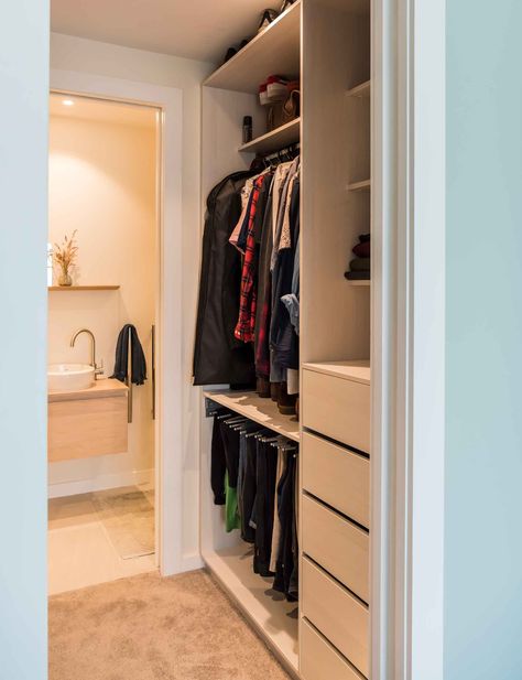 3 ways to design an ensuite you can actually afford Walk Through Closet Into Bathroom, Walk Through Closets To Bathroom, Walk In Closet To Ensuite, Walk In Closet Ensuite, Walk Through Closet To Ensuite, Master Ensuite And Walk In Closet, Shower Dressing Room Combo, Walk In Wardrobe With Toilet, Small Walk Through Wardrobe To Ensuite