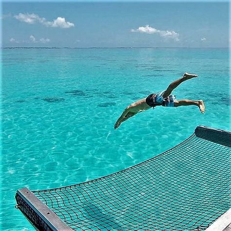 WATER VILLA from The Lagoon Private-deck on the Over Water Hammock Jump Net Hammock Over Water, Hammock Over Water, Net Hammock, Deck Piscina, Water Hammock, Cabin Farmhouse, Water Villa, Moms Birthday, Backyard Pool Landscaping