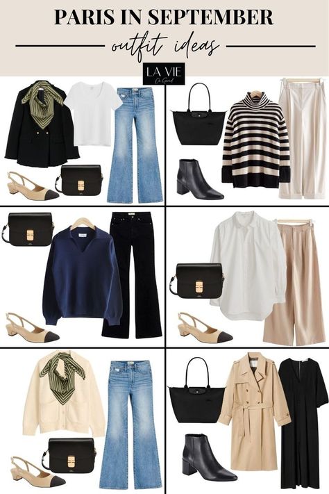 Graphic of outfits to pack for Paris Paris Fall Capsule Wardrobe, Paris Outfit Ideas September, September Clothing Outfits, Paris Outfits September 2023, Autumn In Paris Outfit, Paris September Outfits, Paris In September Outfits, Paris Chic Style, France Autumn