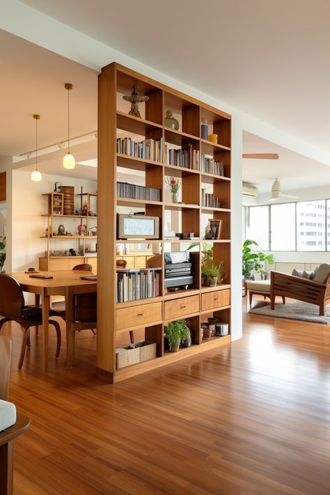 Balancing Open Floor Plans: Easy Tips for Defined Living Spaces - Quiet Minimal Back Of Bookshelf Ideas, Shelving Partition, Minimal Library, Bookcase Room Divider Ideas, Floor Plans Easy, Modern Bookshelf Design, Open Floor Plans, Focal Points, Design Del Prodotto