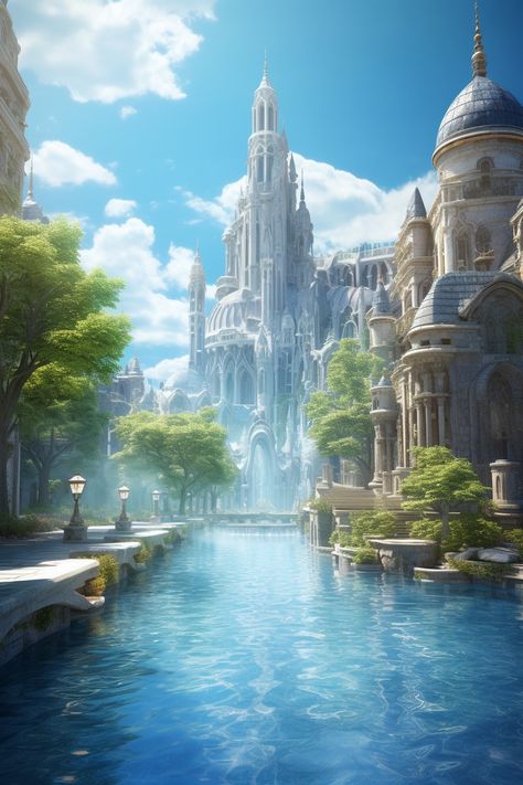 Fantasy Lake City, Elven City Concept Art, Fantasy Seaside City, Water Kingdom Fantasy Art, Fantasy Water Kingdom, Fantasy Water City, Air Kingdom, Water Kingdom, Elven City